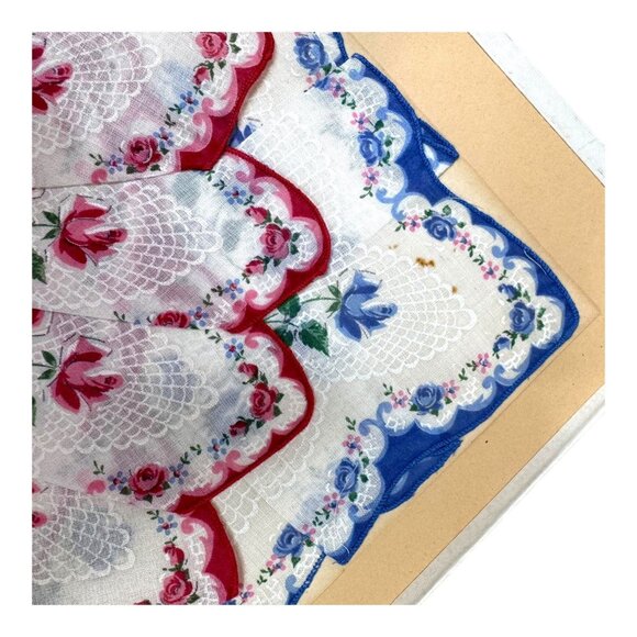 Vintage Floral Handkerchief Red Blue Purple Lace Trim Roses Scalloped Edge Lot 3 - Picture 4 of 4